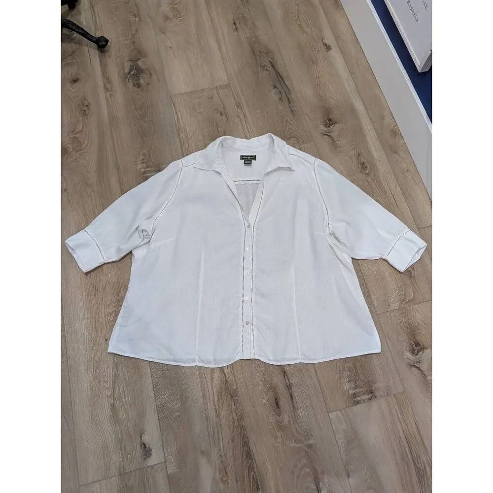 Eddie Bauer White Button Up Linen Shirt Ladder Lace 3/4 Sleeve Blouse Coastal